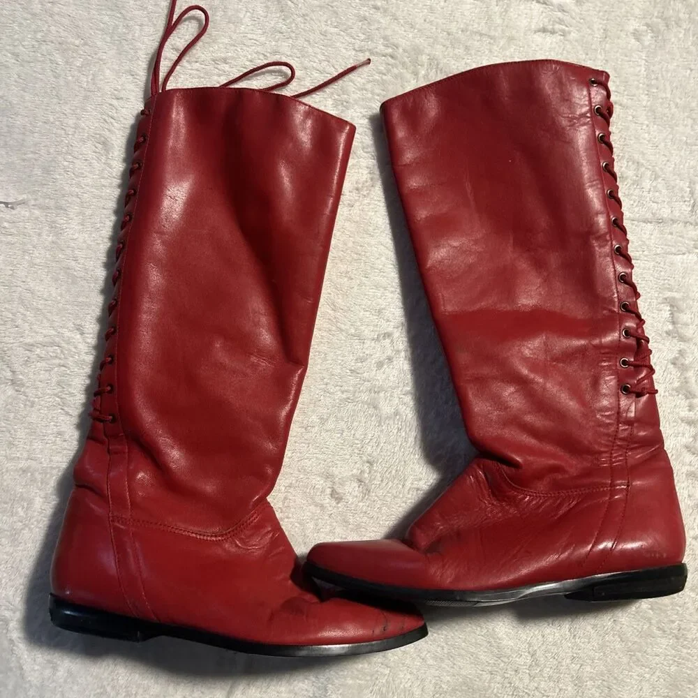 Vintage Flings Screamer 1980s Corset Laced red Leather Boots 7.5 Western